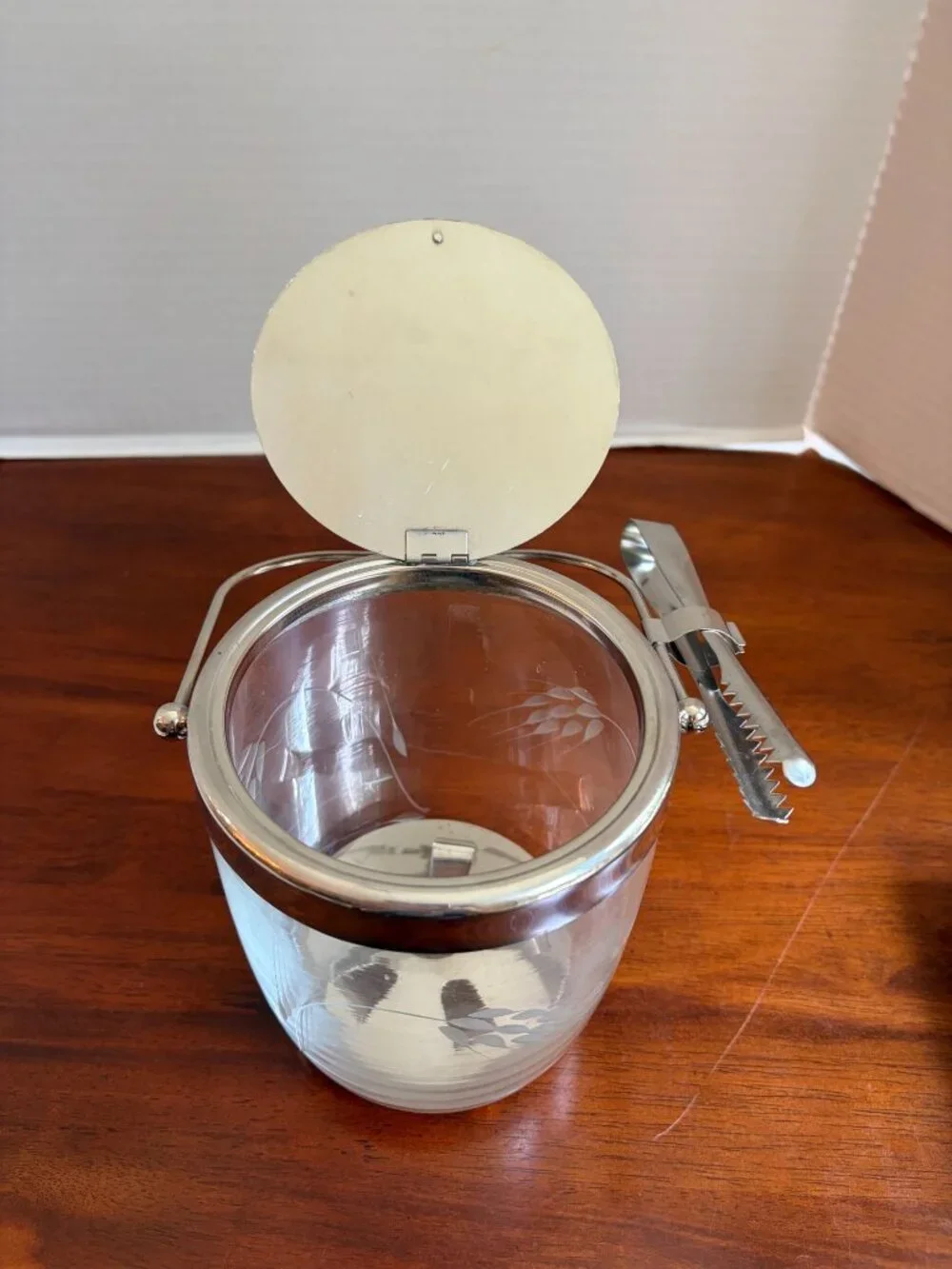 Vintage Sasaki Etched Glass Ice Bucket Small Metal Handle and Tongs